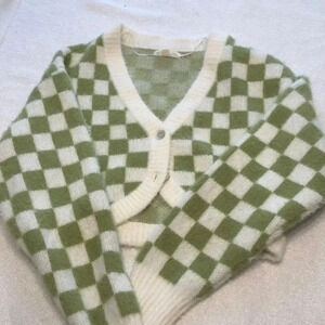 L.A. Hearts white/green checkered long sleeved short waisted two button sweater